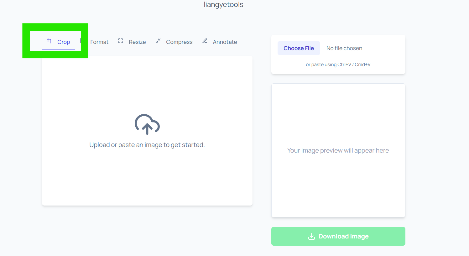 Crop tab selected and upload area visible in liangyetools
