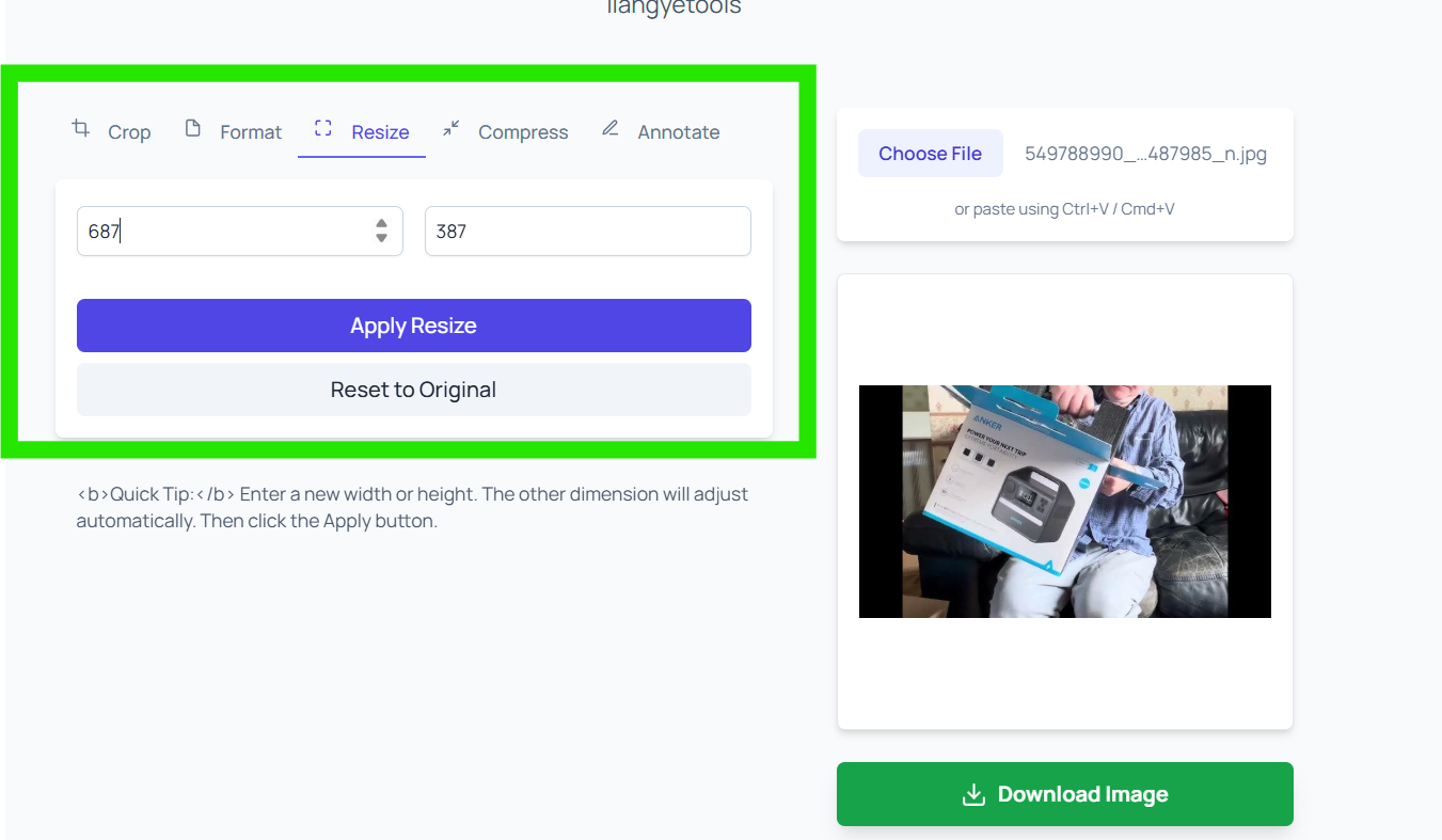 Resize tool showing width height inputs and Apply Resize button in liangyetools