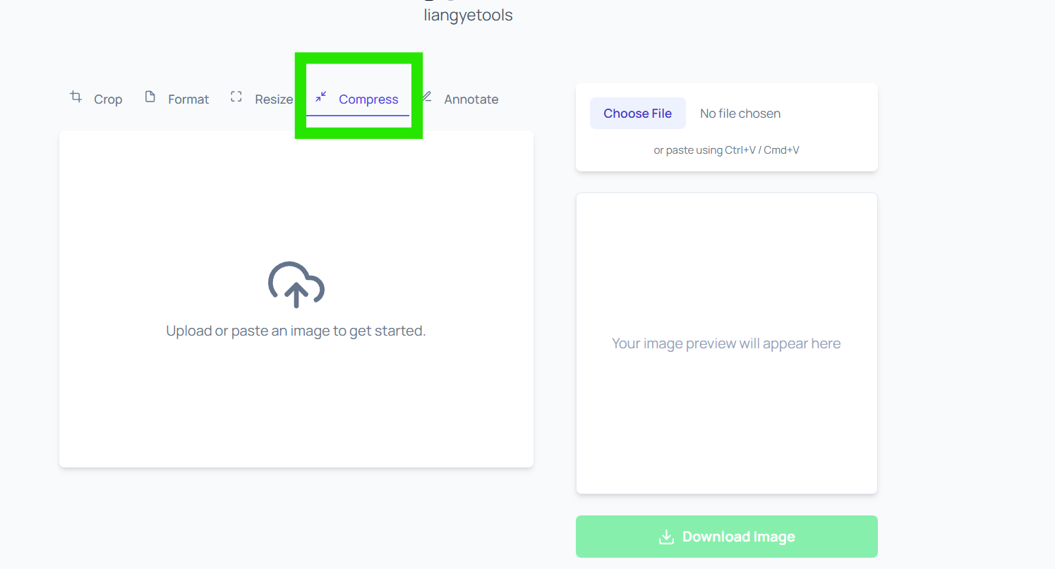 Compress tab highlighted in liangyetools navigation menu