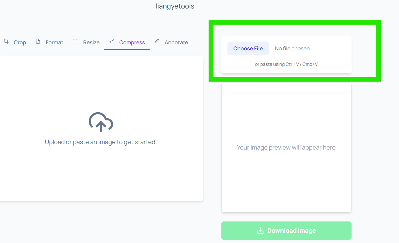 Upload panel inside Compress tool on liangyetools