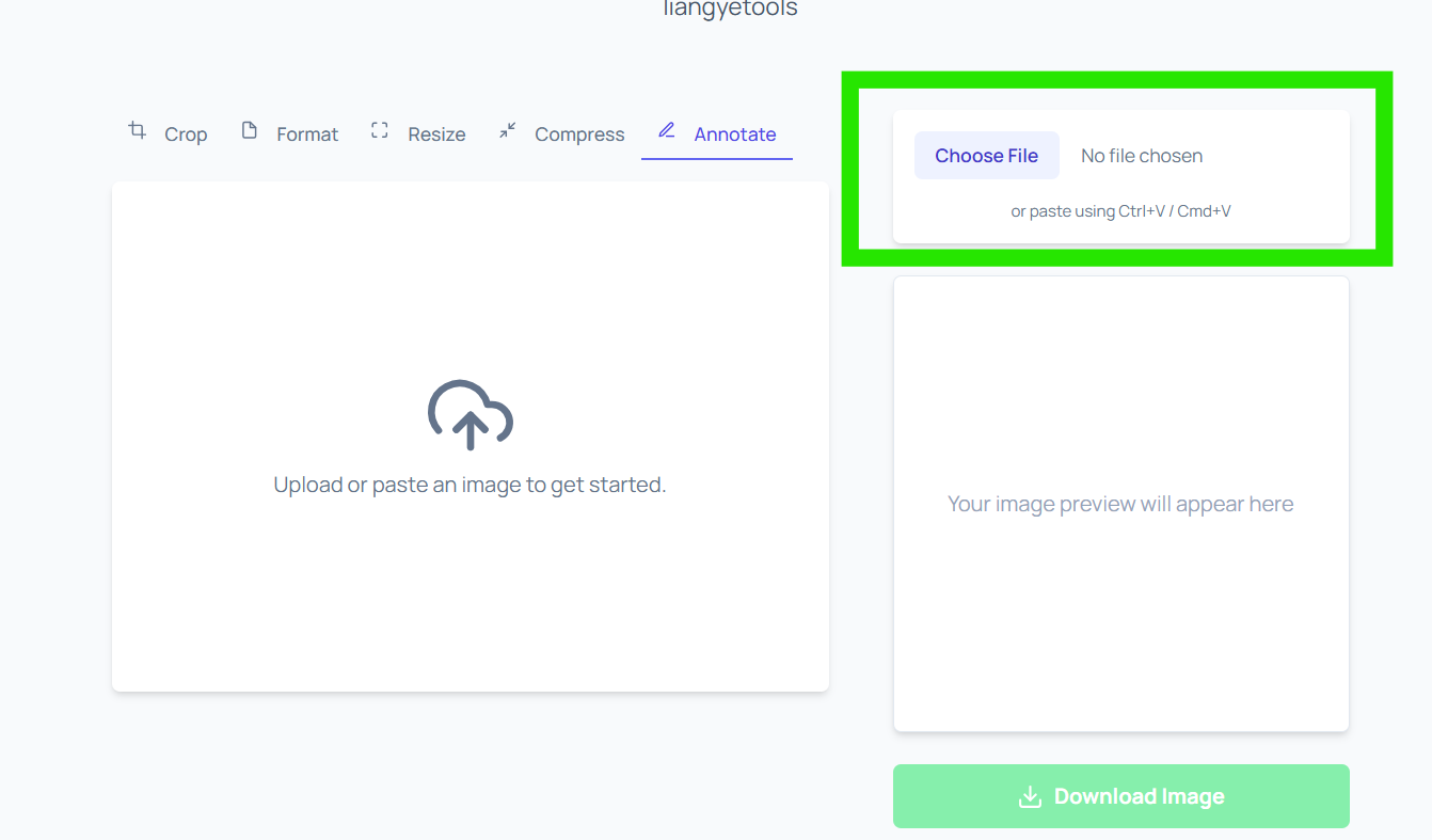 Annotate tool upload panel highlighted in liangyetools