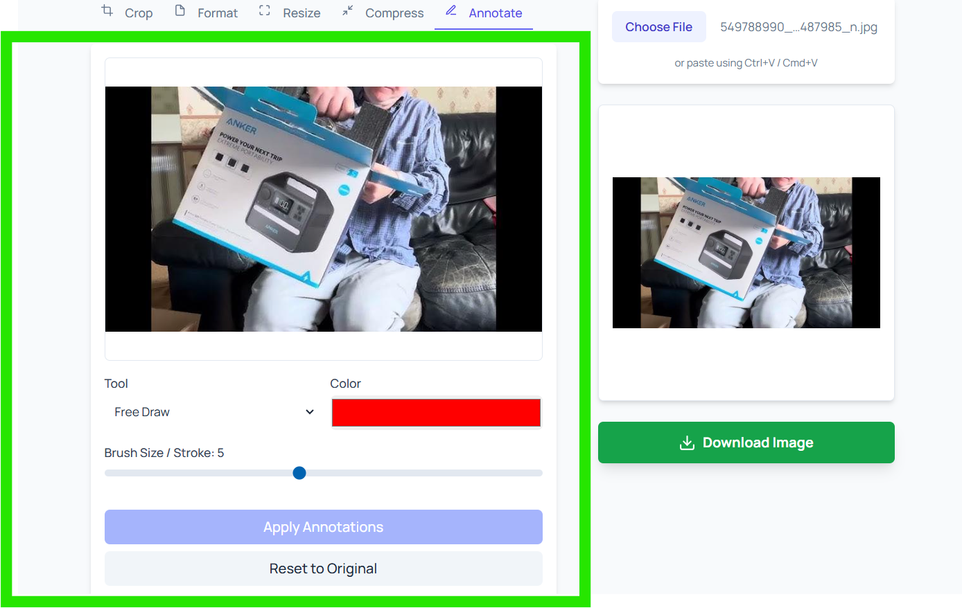 Annotate editor showing tool dropdown color picker brush size slider and Apply Annotations button