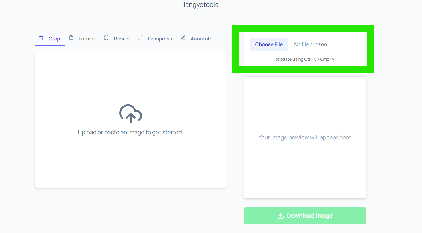 Upload panel with Choose File inside liangyetools Crop tool